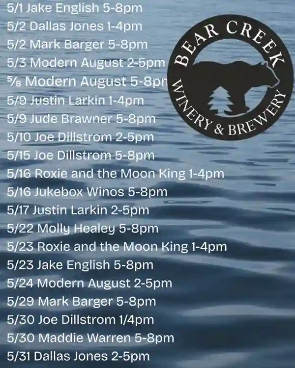 May live music schedule with artist names and times over water background at Bear Creek Wine Company Small Batch Brewery