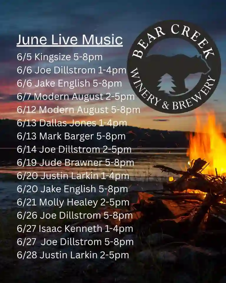 June live music schedule with dates and times over a sunset lake background at Bear Creek Wine Company Small Batch Brewery